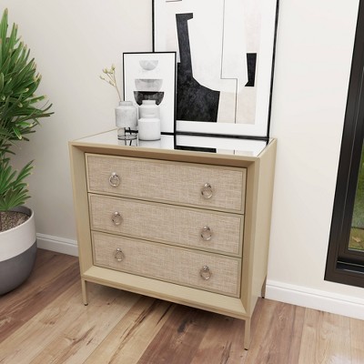 Beige Upholstered 3 Drawer Chest with Mirrored Top and Ring Handles