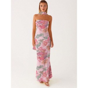 Clotth Women's Floral Off-Shoulder Bodycon Dress - Summer Slim Fit, Long Mesh Layer with Scarf for Weddings and Cocktail Parties - 1 of 4