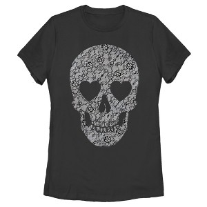 Women's Lost Gods Lace Print Heart Skull T-Shirt - 1 of 4