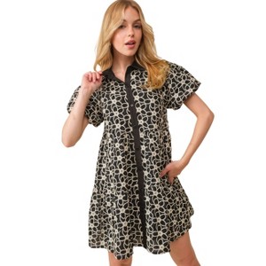Slickblue Women's Jacquard Floral Babydoll Dress, Cotton Bubble Sleeve Button Down, Collar Neck, Black, Size S-L - 1 of 4
