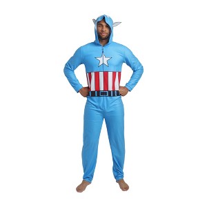 Marvel Comics Presents Captain America Adult Long Sleeve Hooded Cosplay Onesie Costume Union Suit - 1 of 4