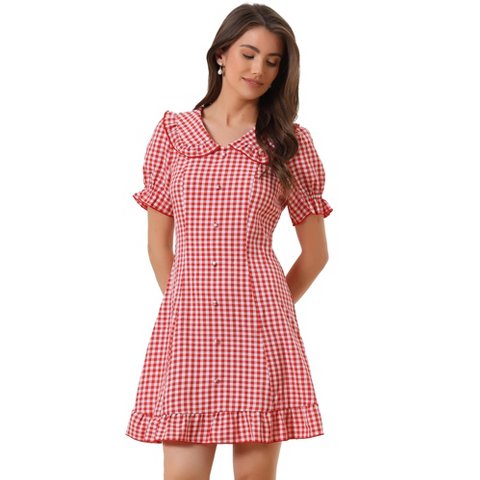 Женские платья INSPIRE CHIC Women's Plaid Gingham Puff Sleeve Ruffle Peter Pan Collar Vintage Dress Red Medium