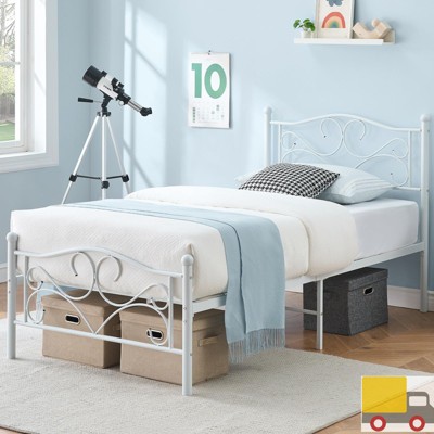 Twin Bed Frame with Headboard, Heavy Duty Metal Platform with Steel Slats, No Box Spring Needed,Noise-Free Design,Easy Assembly,White Bed for Bedroom