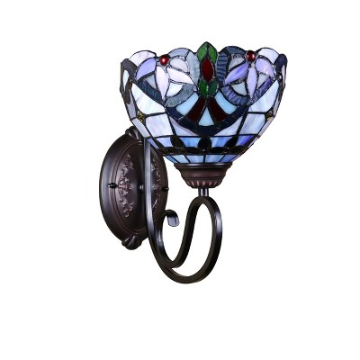 Victorian Tiffany-Style Bronze 1-Light Wall Sconce with Stained Glass Shade