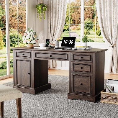 Vipbear 60" Farmhouse Executive Desk, Wood Computer Office Desk with Drawers & Cabinet, Rustic Home Office Desk Workstation