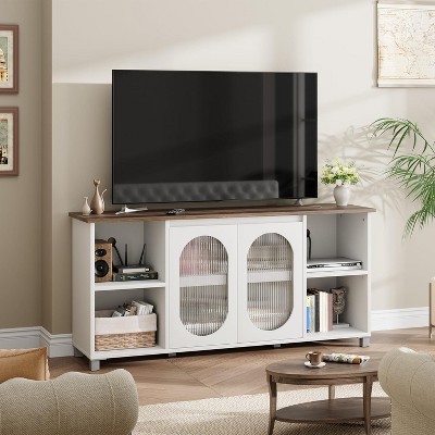 Homhougo Modern Open Rainbow Glass TV Cabinet Stand for 60/65/70 Inch TV, Media Console Cabinet with 2 Corrugated Glass Doors, White