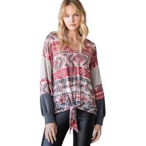 Slickblue Women's Aztec Print V-Neck Sweater, Color Block with Tie Front and Ruffle Sleeves, Red, Size S-L - 1 of 4