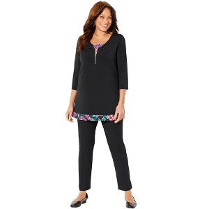 Catherines Women's Plus Size Half-Zip V-Neck Tunic Duet - 1 of 4