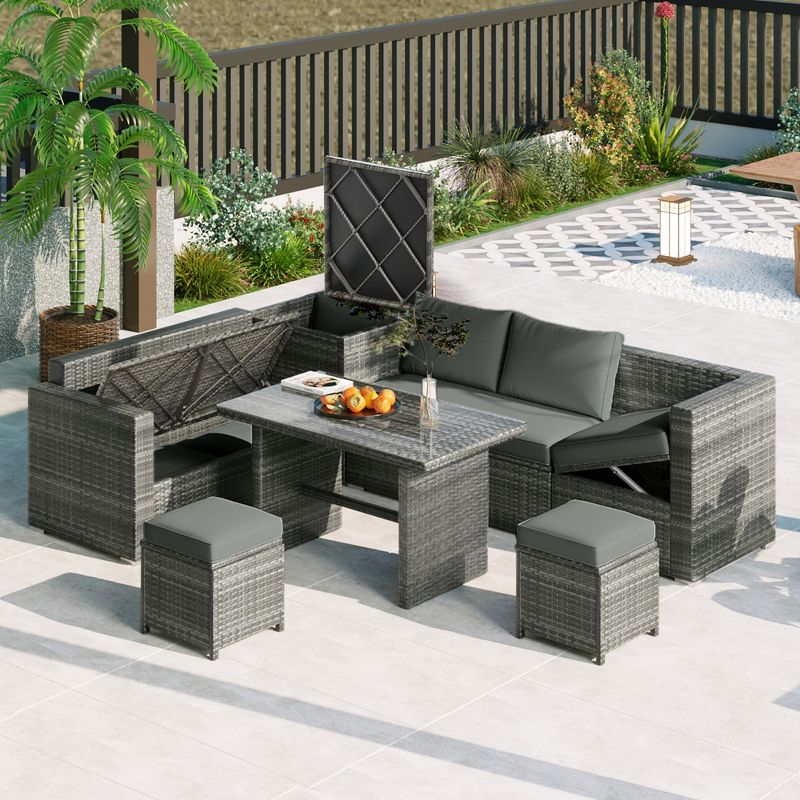 6PCS Patio PE Rattan Conversation Set, Outdoor Wicker Sectional Sofa with Storage Box and Tempered Glass Top Table-, 1 of 15