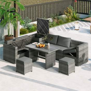 6PCS Patio PE Rattan Conversation Set, Outdoor Wicker Sectional Sofa with Storage Box and Tempered Glass Top Table-