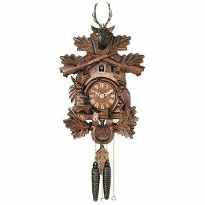 One Day Hunter’s Cuckoo Clock with Oak Leaves & Animals – 16 in – Buck and Crossed Rifles By River City Clocks - 1 of 3