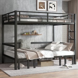 KWPZQEB Loft Bed with Safety Guardrail & Ladders, Metal Loft Bed with pull-out Metal Bunk Bed, No Box Spring Required, Black - 1 of 4