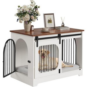 Dog Crate Furniture, 39.4 Inch Medium Dog Crates with Bed Mat, Wooden Dog Kennel Furniture, End Side Table Dog Cage with 3 Doors, White - 1 of 4
