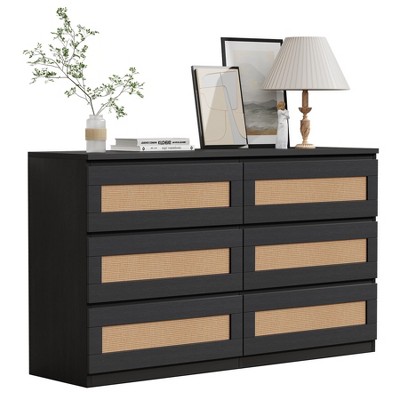 Rattan Dresser for Bedroom, Wood Storage Dresser with 6 Drawers,Wide Dressers & Chest of Drawers with Anti-Tip Kit & Smooth Slide Rail