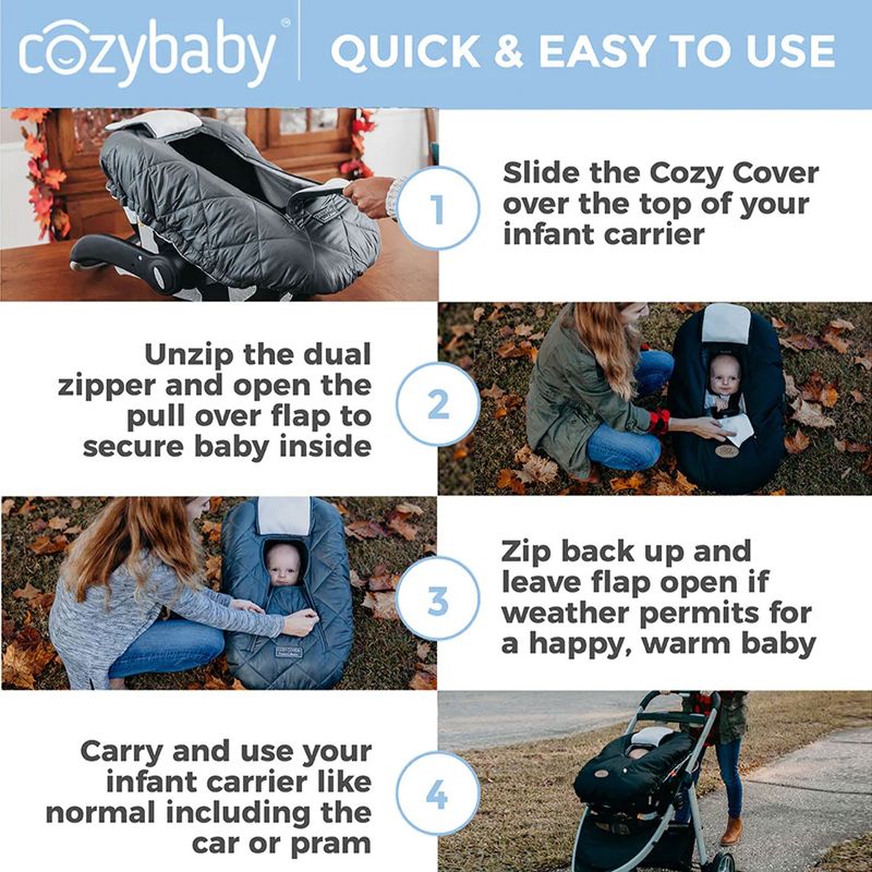 CozyBaby Cozy Cover Quilted Infant Car Seat Insulating Cover with Dual Zippers, Face Shield, and Elastic Edge for Travel During Winter Months, Black, 6 of 7