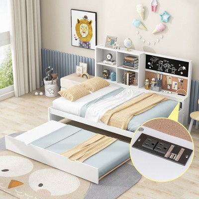 KIGFTSOD Daybed with Storage Shelves, Blackboard, Cork board, USB Ports and Twin Size Trundle, White