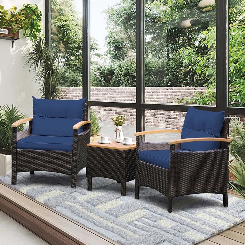 Costway 3PCS Patio Rattan Furniture Set Wooden Armrest Table Top Cushioned Deck, 2 of 11