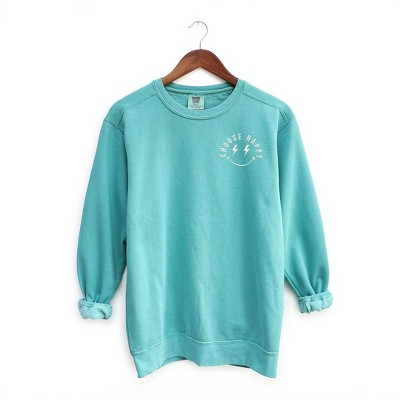 Simply Sage Market Women's  Garment Dyed Graphic Sweatshirt Embroidered Choose Happy Lightning Smiley Face