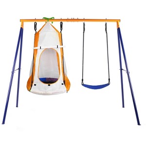 Etokfoks Swing Set for Backyard 1 Detachable Hanging Tent Saucer Swing 32 in and 1 Belt Swing Seat Heavy Duty Metal A Frame 1 Set - 1 of 4