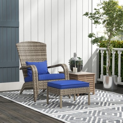 Infurnic Patio Seating Set of 2, Outdoor Rattan Chair Armrest Sofa with Footstool with Cushion for Garden, Balcony, Blue, 25.25" * 32.25" * 35"
