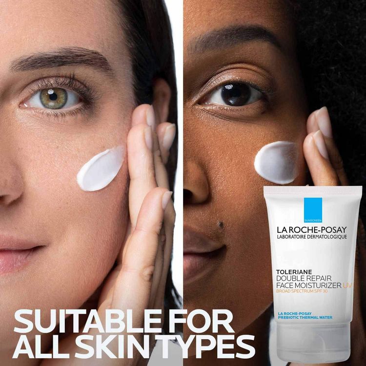 Two faces applying La Roche-Posay Toleriane Double Repair Face Moisturizer with text "SUITABLE FOR ALL SKIN TYPES" at the bottom.