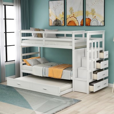 Twin Over Twin Wood Bunk Bed With 4 Drawers, Trundle And Staircase ...