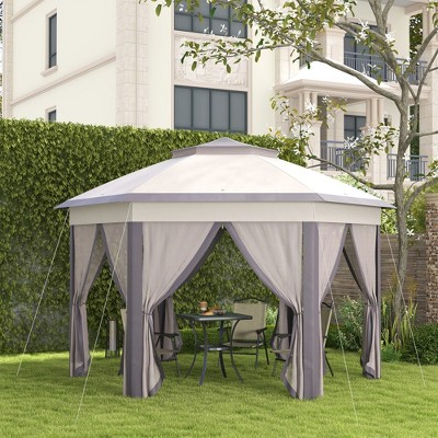 Hexagonal Coffee and Beige Steel Frame Pop-Up Gazebo with Mesh Netting