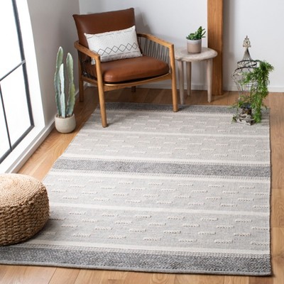 Ivory and Grey Handwoven Wool and Cotton Striped Area Rug