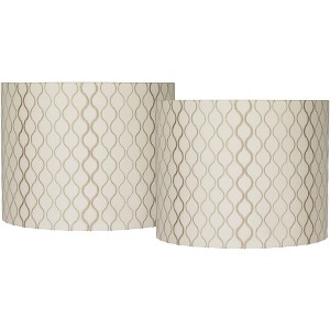 Springcrest Set of 2 Drum Lamp Shades Off-White Embroidered Medium 14" Top x 14" Bottom x 11" High Spider Harp and Finial Fitting - 1 of 4