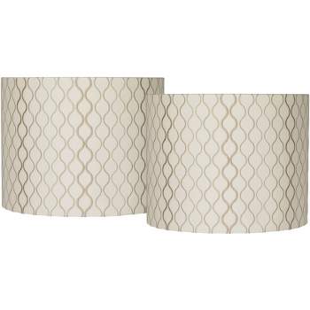 Springcrest Set of 2 Drum Lamp Shades Off-White Embroidered Medium 14" Top x 14" Bottom x 11" High Spider Harp and Finial Fitting