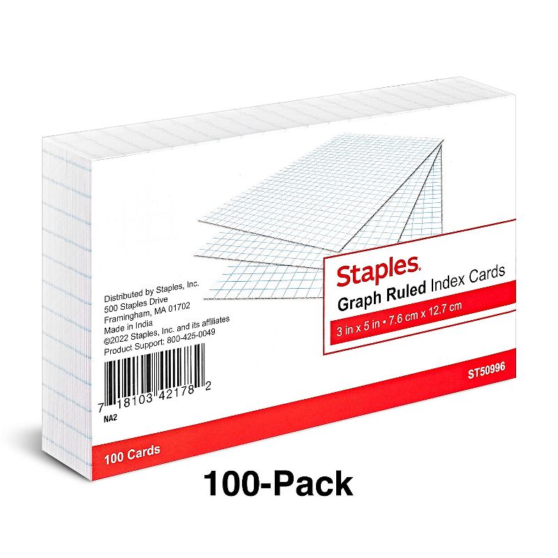Staples 3" x 5" Graph Ruled White Index Cards 100/Pack TR50996, 2 of 6