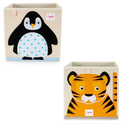 3 Sprouts 13 Inch Square Kids Foldable Fabric Arctic Penguin and Orange Tiger Storage Cube Soft Toy Bins