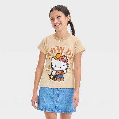 Girls' Hello Kitty Howdy Pointelle Lace Short Sleeve Top - Brown