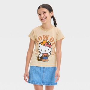 Girls' Hello Kitty Howdy Pointelle Lace Short Sleeve Top - Brown - 1 of 4