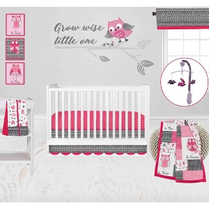 Bacati - Owls in the Woods Pink Fuschia Gray 10 pc Crib Bedding Set with 2 Crib Fitted Sheets - 1 of 4