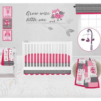Bacati - Owls in the Woods Pink Fuschia Gray 10 pc Crib Bedding Set with 2 Crib Fitted Sheets
