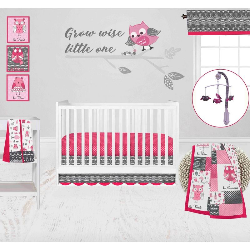 Bacati - Owls in the Woods Pink Fuschia Gray 10 pc Crib Bedding Set with 2 Crib Fitted Sheets, 1 of 12