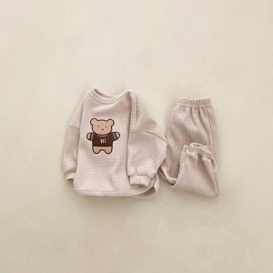 MyKids-USA Baby Cartoon Bear Embroidered Pattern Waffle Fabric Hoodies Sets - 1 of 4