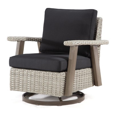 COWLOWN Black Outdoor Patio Swivel Rocker Chair, 360 Rotating Wicker Chair with Soft Cushions, Durable Frame for Balcony, Backyard, or Lawn