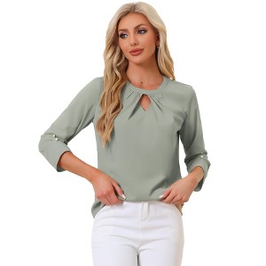 INSPIRE CHIC Women's Work Office Keyhole Pleated Front Ruched 3/4 Sleeve Chiffon Blouse - 1 of 4