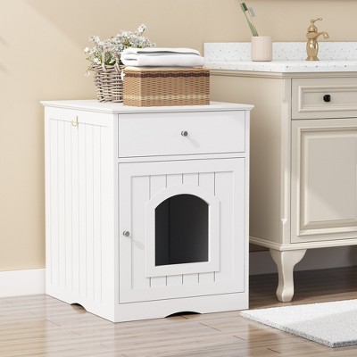 FURNIinspire Wooden Pet House Cat Litter Box Enclosure with Drawer, Side Table, Indoor Pet Crate, Cat Home Nightstand