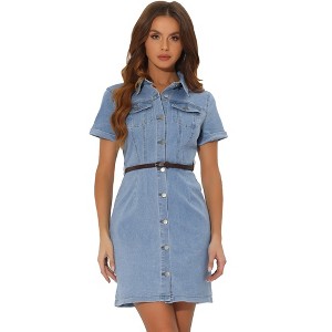 Allegra K Women's Collar Roll Up Short Sleeve Belted Button-Up Denim Shirt Dresses - 1 of 4