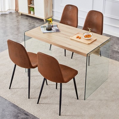 NicBex 5 Piece Dining Table Set,Wood Texture MDF Dining Table with Tempered Glass Legs,4 Suede/Mid-Back Chairs for Kitchen/Apartment,Brown