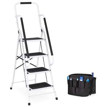 Best Choice Products 4-Step Portable Folding Anti-Slip Steel Ladder w/ Handrails, Attachable Tool Bag