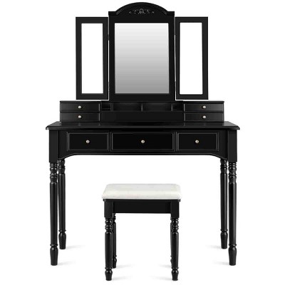 Tangkula Vanity Makeup Dressing Table Set w/ Drawer Mirror Necklace Hook Black