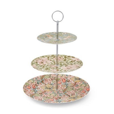 Spode's Morris & Co 3-Tier Cake Stand with Metal Handle, Strawberry Thief & Honeysuckle Design, Porcelain, Centerpiece - Afternoon Tea Dessert Stand