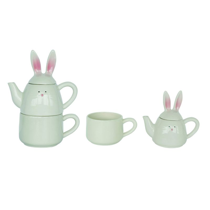 Transpac Ceramic 9.25" Stacked Bunny Teapot Mug Set, 1 of 2