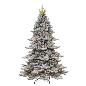 7.5ft Puleo Pre-Lit Flocked Slim Royal Majestic Spruce Artificial Christmas Tree with Gold Crown Treetop Clear Lights: Hinged Branches - 1 of 3