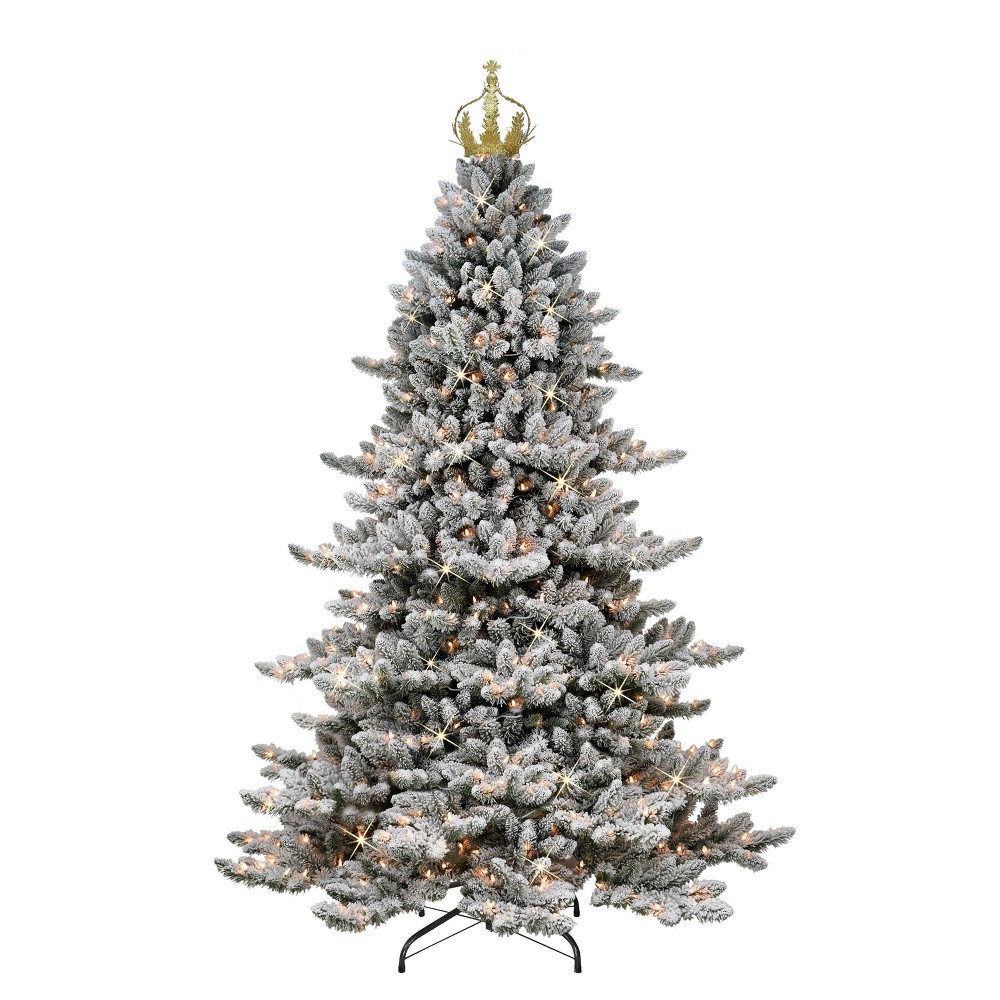 7.5ft Puleo Pre-Lit Flocked Slim Royal Majestic Spruce Artificial Christmas Tree with Gold Crown Treetop Clear Lights -  83603026