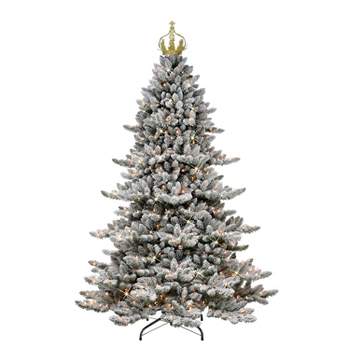 7.5ft Puleo Pre-Lit Flocked Slim Royal Majestic Spruce Artificial Christmas Tree with Gold Crown Treetop Clear Lights
